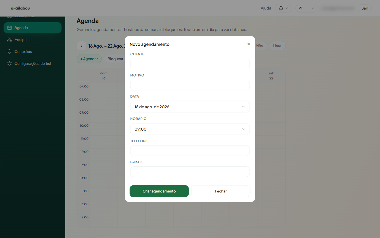 Formulário Novo agendamento
