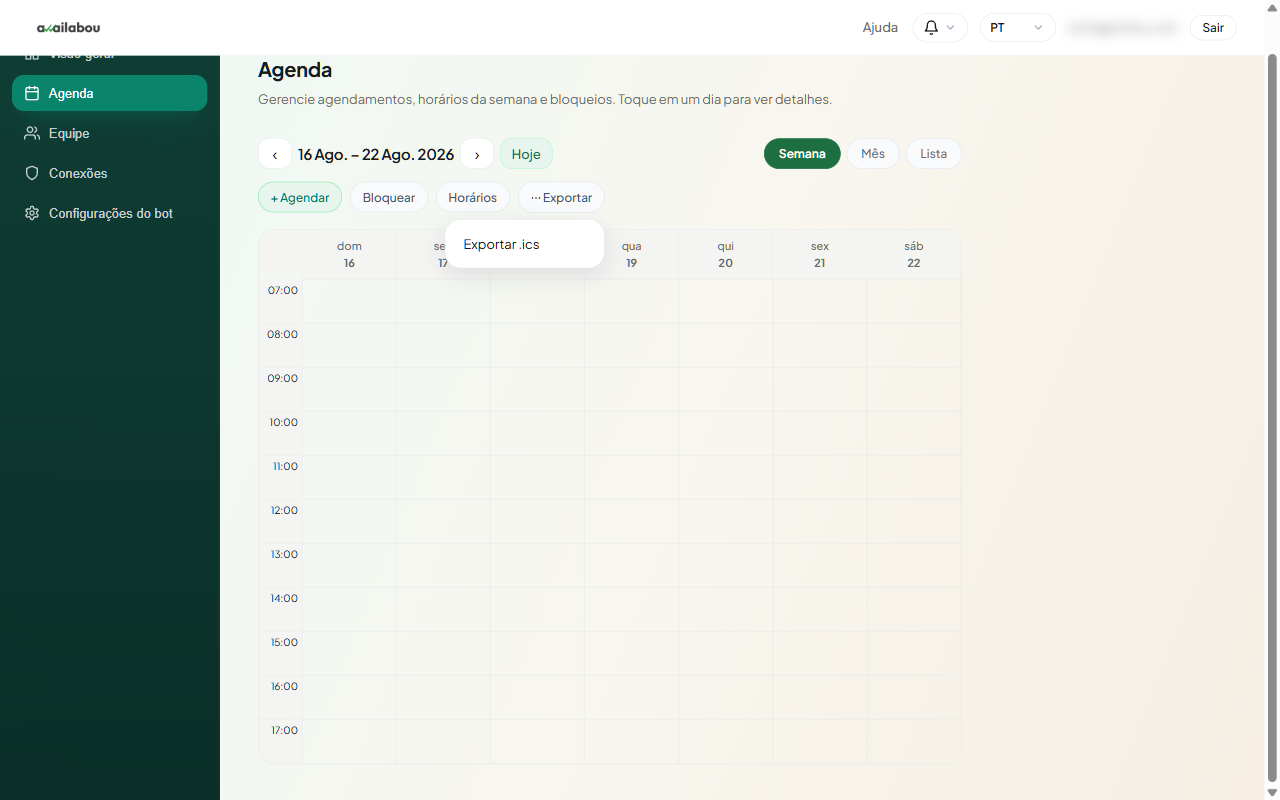 Menu Exportar na agenda