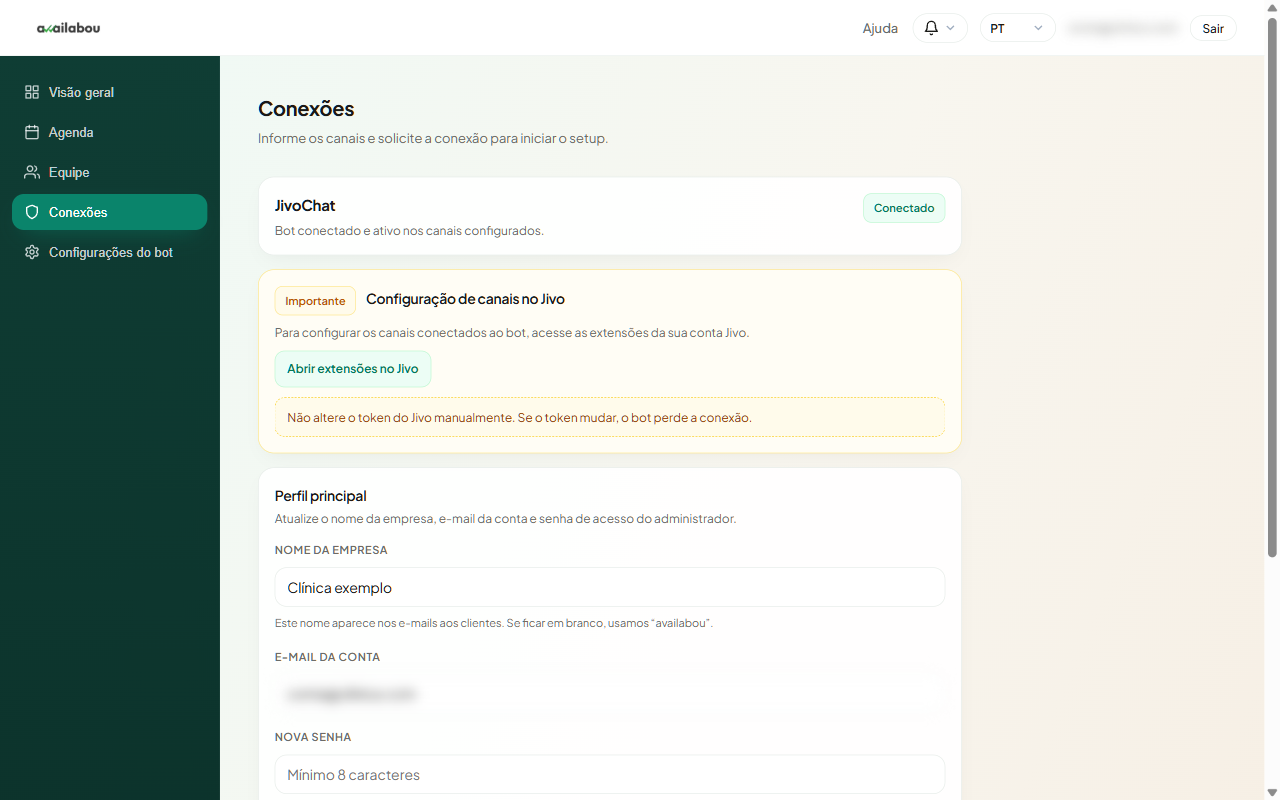 Conexões e perfil principal