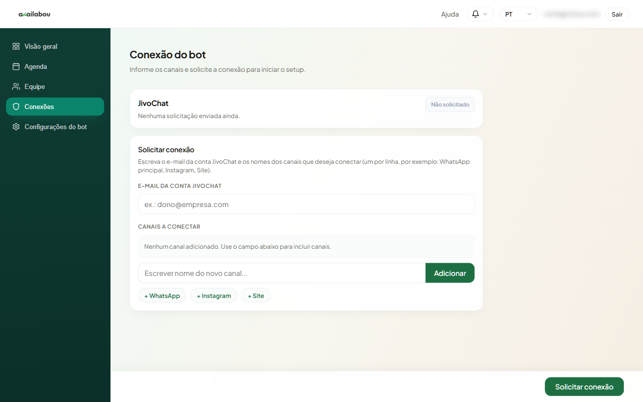 Área Conexões no painel
