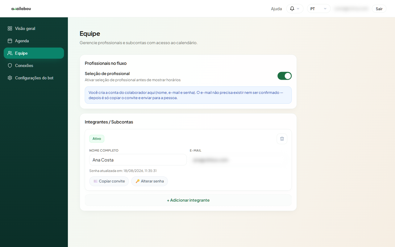 Copiar convite do colaborador