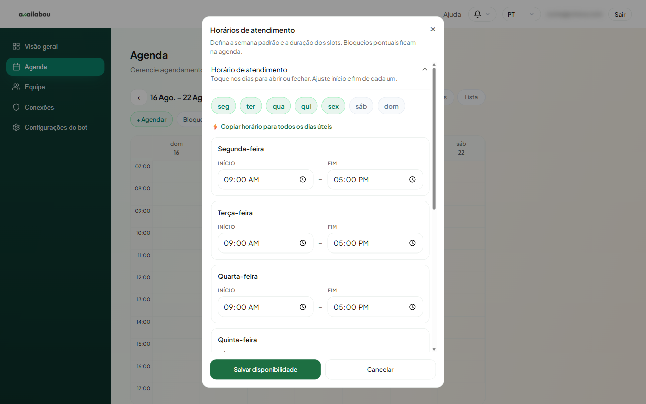 Painel Horários de atendimento